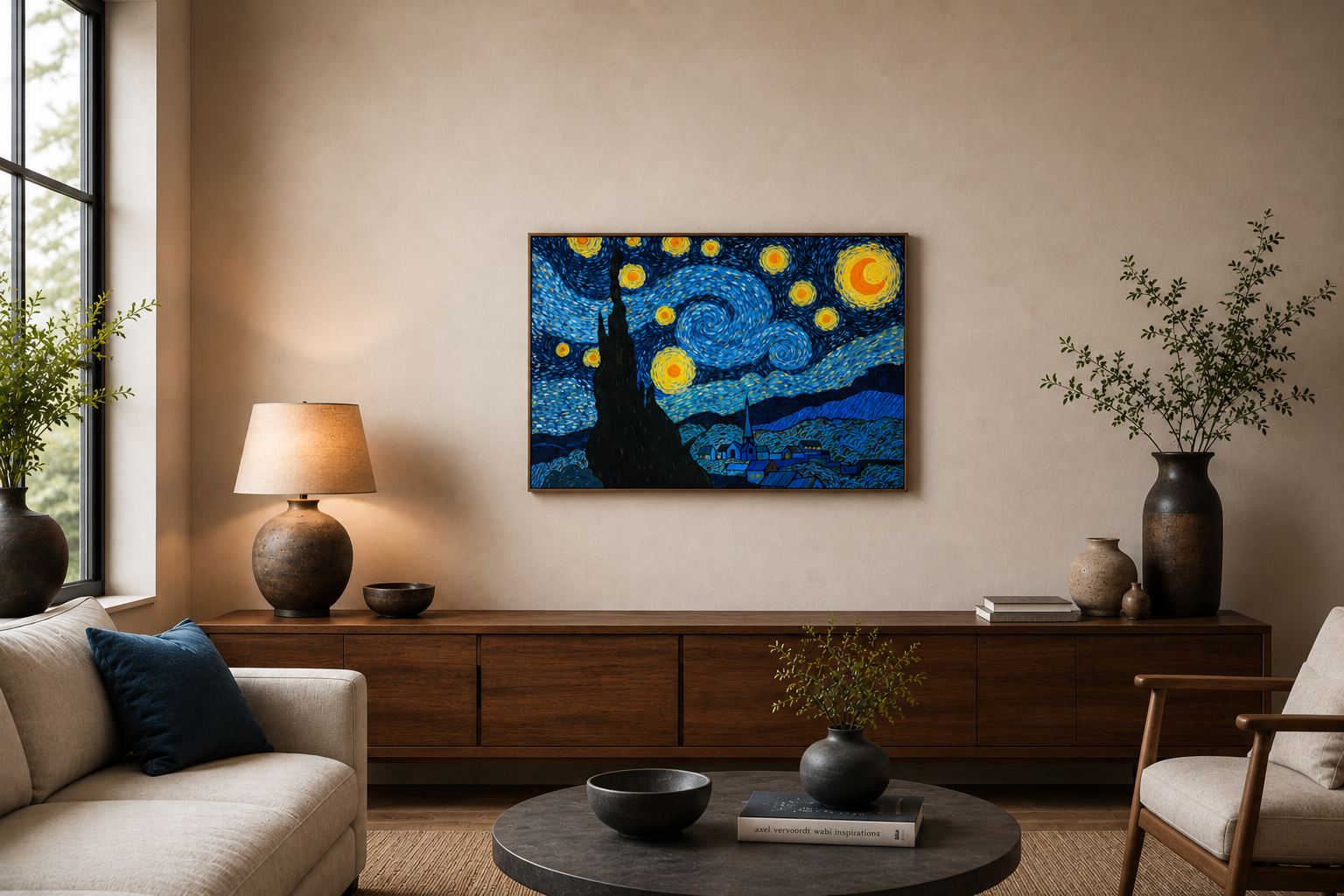 Reinterpretazione della Notte Stellata di Van Gogh ambientata in un salotto